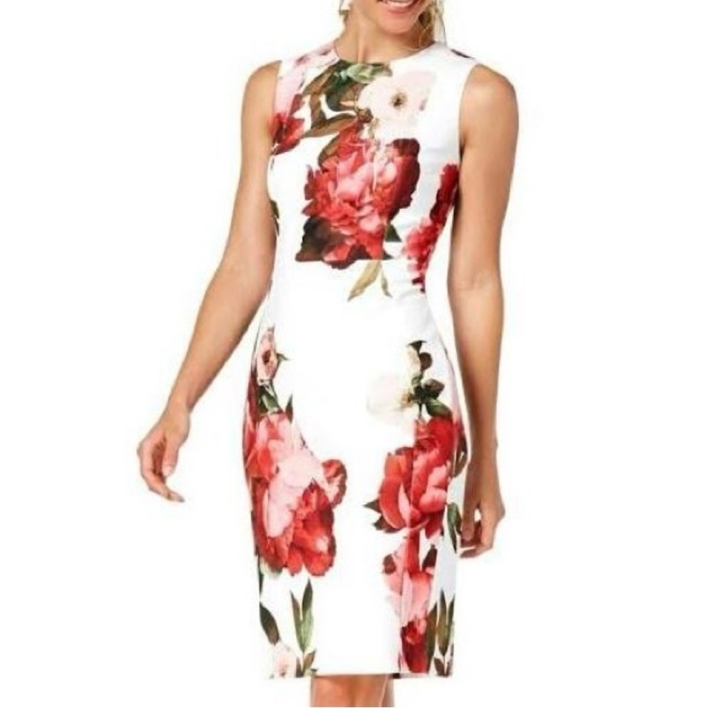 Calvin Klein White and Red Floral Midi Sheath Dress    Sleeveless        Size 10
